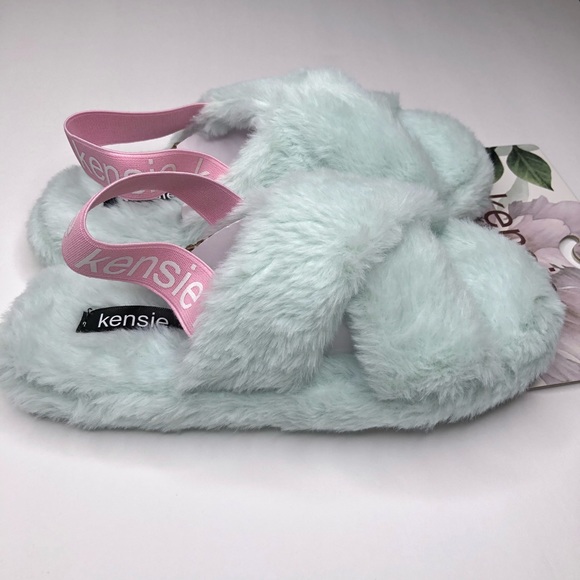 KENSIE Memory Foam Slippers Faux Fur Mint Green / Turquoise Pink Straps Sz S 6/7 - Picture 2 of 8